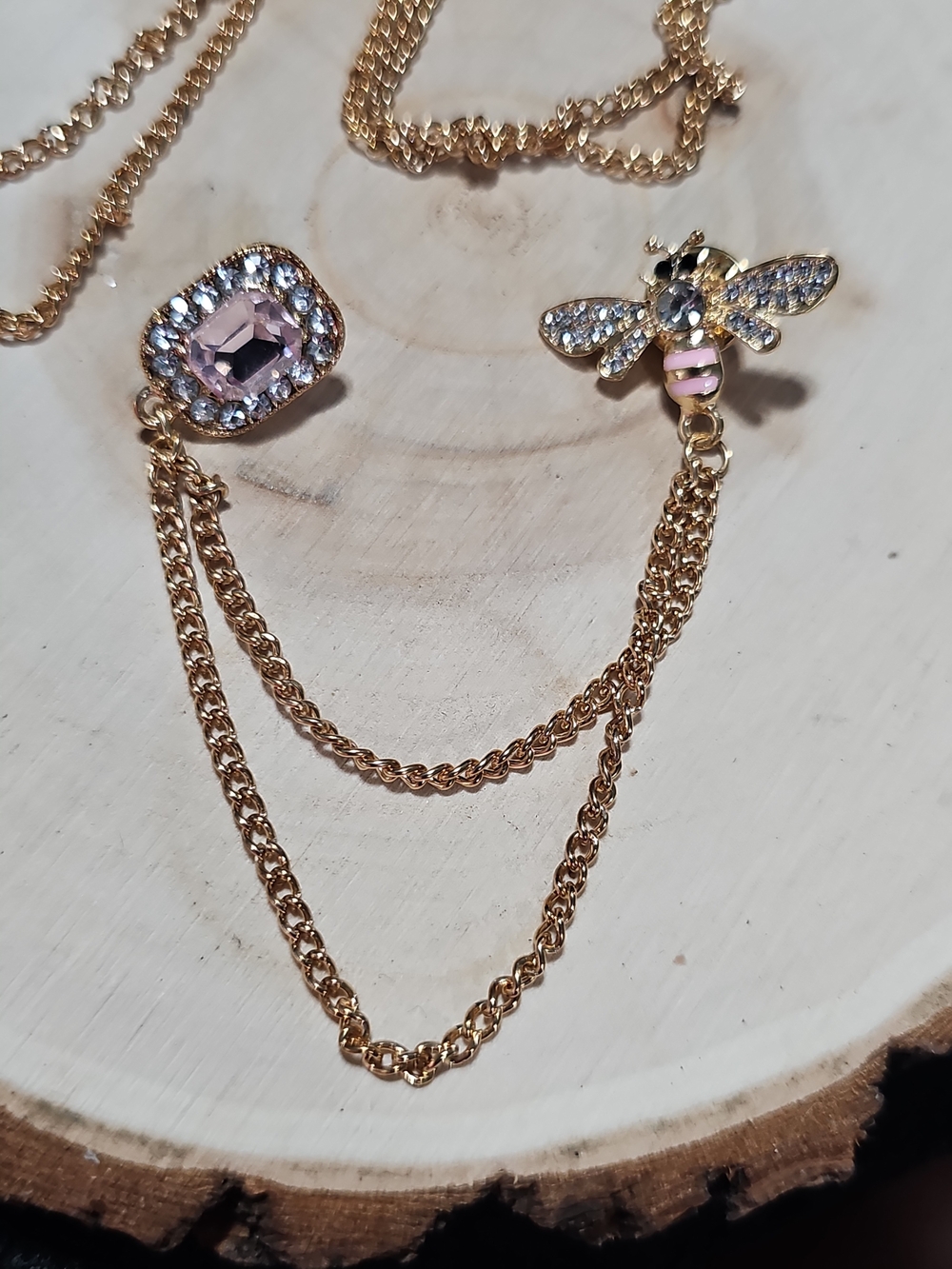 Gold Bee Pendant Brooche with Pink Crystal Accent